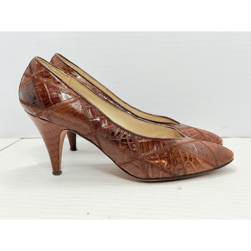 Garolini Womens 7M Brown Croc Embossed Patchwork Leather Pumps Heels Made Italy